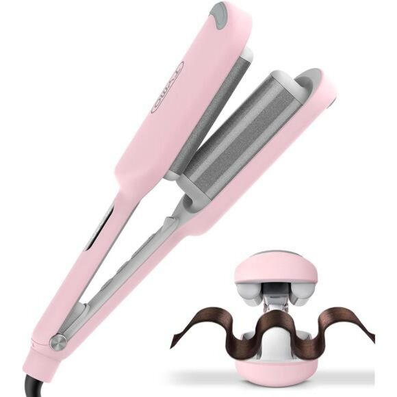 TYMO ROVY Hair Crimper Waver Curling Iron 3 Barrel Beach Waves Curler Pink 1.25